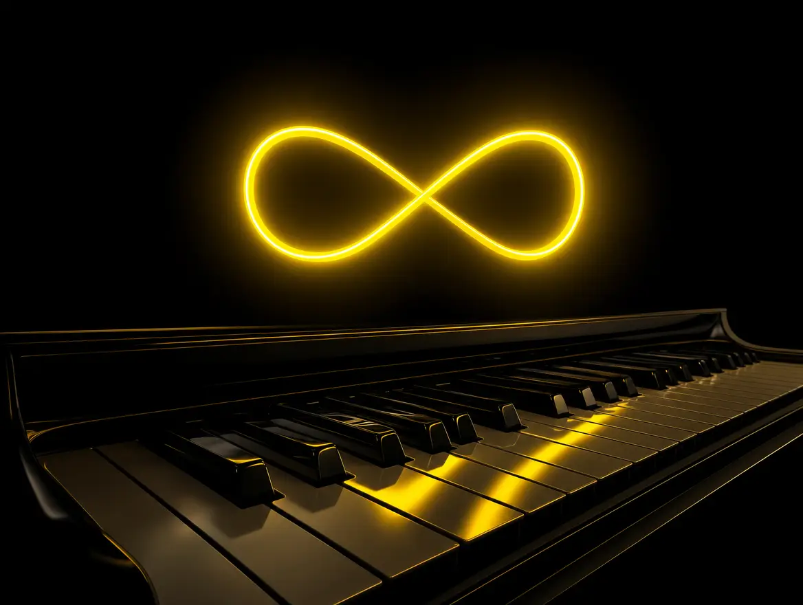 Accesso e aggiornamenti a vita, simbolo infinito sui tasti del pianoforte